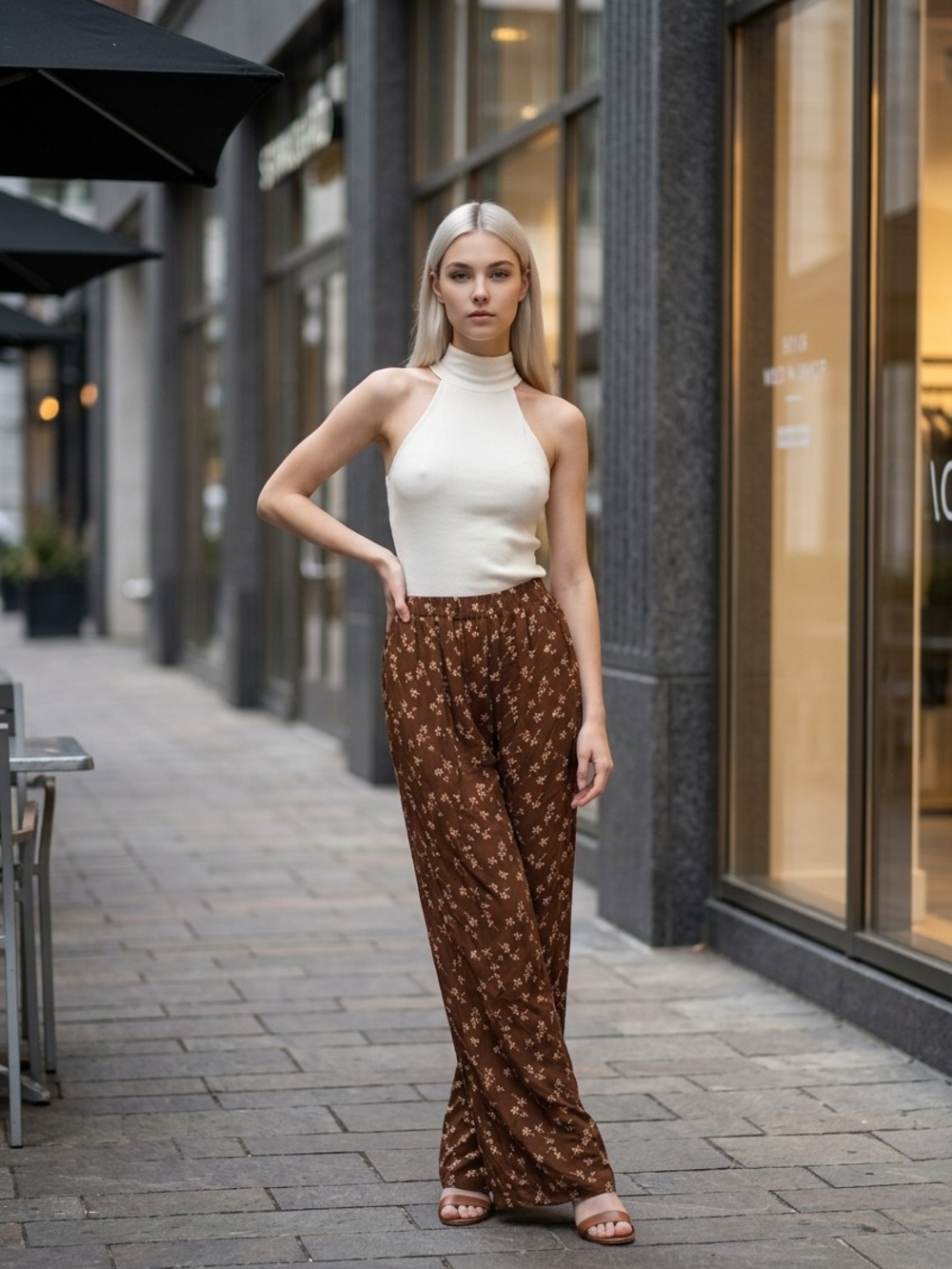 J. Crew Brown Floral Wide-Leg Pants with Cream Print